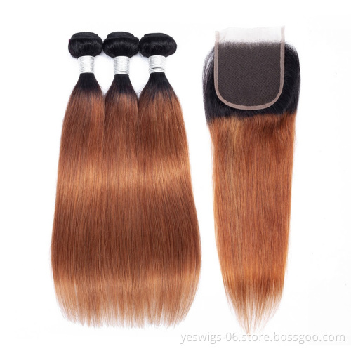 Full Cuticle Aligned Silky 1b/30 Ombre Bundles with Closure Straight Brazilian Hair Bundles 100% Virgin Human Hair Extensions